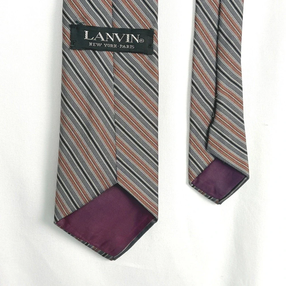 Vintage Lanvin Necktie One Size Grey Copper Silver Striped Silk Luxury Accessory
